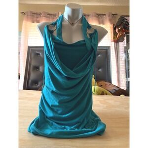 Y2K Michael F Teal Blue Halter Top Cowl Neck O-Ring Detail Blouse Large